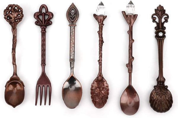 Fdit 6Pcs Vintage Carved Coffee Spoon Set, Retro Zinc Alloy Dessert Cutlery for Kitchen (Red Bronze)