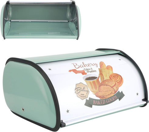 Roll Top Bread Box for Kitchen Counter, Metal Bread Bin Retro Food Storage Container, 13"x9.4"x5.9" (Green)