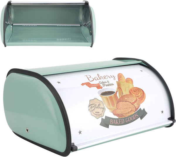 Roll Top Bread Box for Kitchen Counter, Metal Bread Bin Retro Food Storage Container, 13"x9.4"x5.9" (Green)