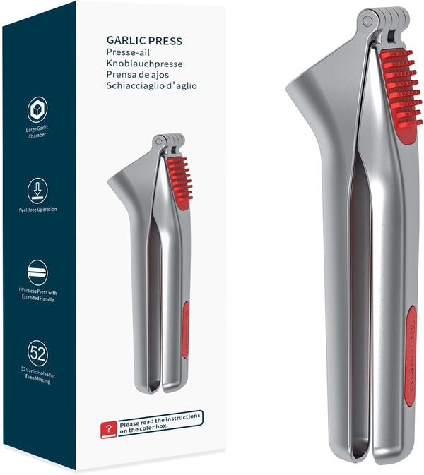 KITCHENDAO Heavy-Duty Garlic Press with Built-in Scraper & Cleaning Pusher, No Peeling