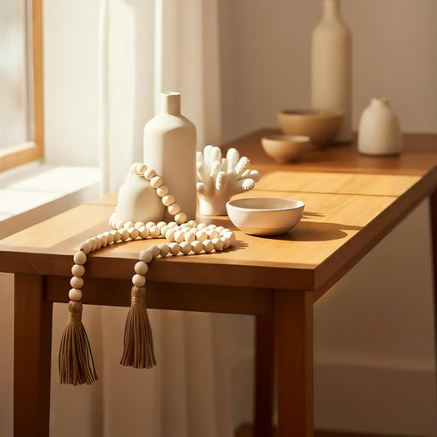 WIWUE GUO 59in Farmhouse Beads, Wood Bead Garland with Tassels, Bookshelf Decor for Tiered Tray, Decorative Tassel