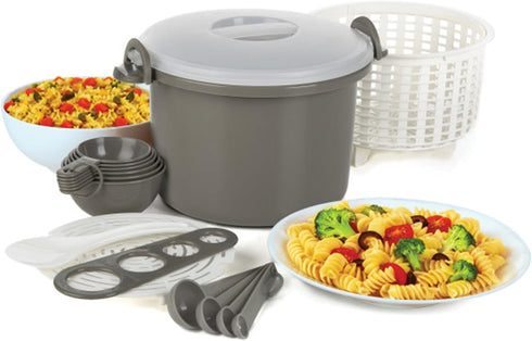 Prep Solutions 17 Piece Set Microwaveable Rice and Pasta Cooker, 12 Cup Capacity with Locking Lid