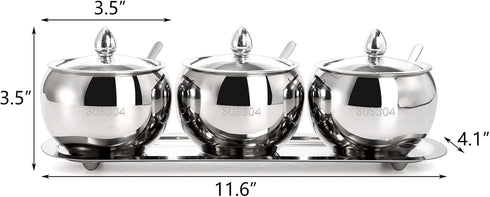 Hedume 3 Grids 304 Stainless Steel Seasoning Containers Set with Lid Spoon and Tray for Serving Sugar, Pepper, Spice