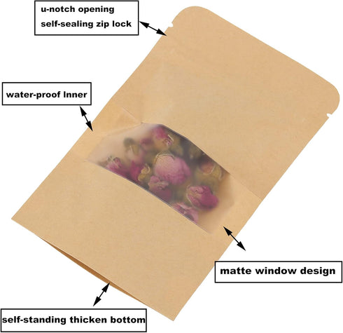 SHEUTSAN 500 Pack Kraft Bags with Window, 3.5 x 5.5 Inches, Resealable Ziplock Storage Pouches for Home and Business