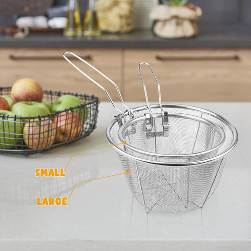 Stainless Steel Deep Fry Basket, Round Wire Fry Basket with Folding Handle for Home Restaurant Cooking Serving (7 Inch)