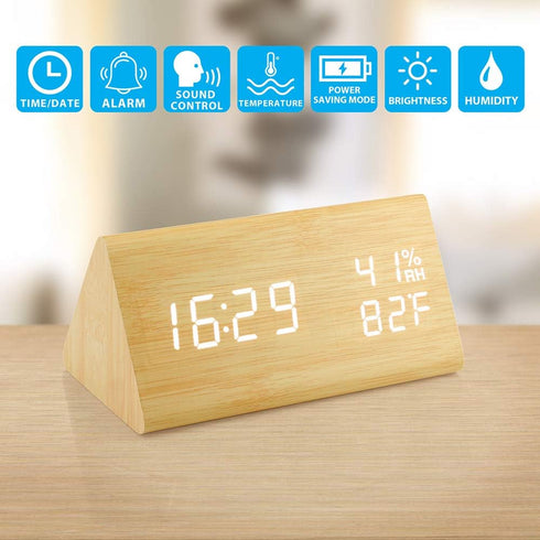 OCT17 Wooden Alarm Clock - Smart LED Digital Clock with Time Temperature, Humidity Display, Bamboo, Adjustable