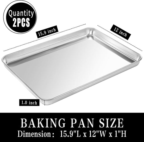 Baking Sheet Set of 2, Stainless Steel Cookie Sheet Baking Pan Tray, Toaster Oven Baking Pans Set, Rectangle Size 16 x 12 x 1 inch, Non Toxic, Mirror Finish & Rust Free, Dishwasher Safe by Fire More