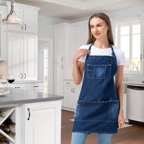 Denim Apron with 5 Pockets for Kitchens, Adjustable Bib Jean Apron for Work