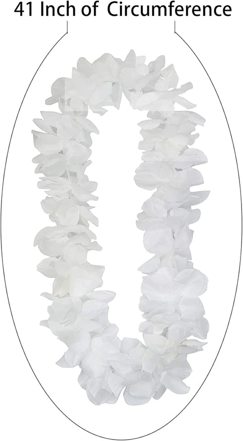 4 Pcs White Hawaiian Leis with Green Leaves for Graduation Party, Dance Party, Photo Prop Outdoors (White-02)