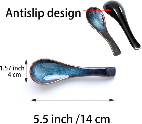 Japanese Ramen Soup Spoons Asian Blue Ceramic Soup Spoon for Pho Dessert Noodle 5 Pcs