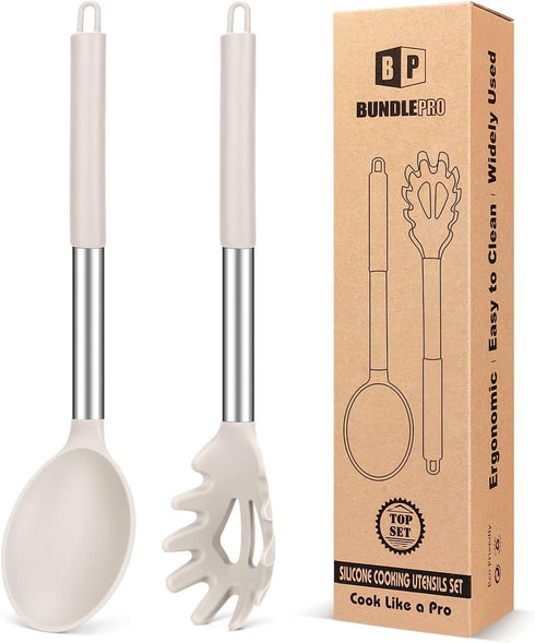 Silicone Pasta Fork and Cooking Spoon Set, Non Stick Kitchen Utensils for Stirring, Serving Spaghetti, Soup