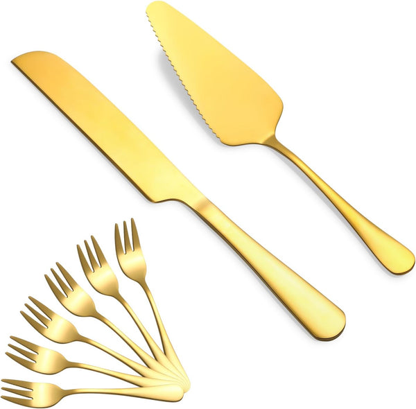 Cake Knife and Server Set with 6 Pcs Cake Forks, Wedding Cake Cutting Set for Parties (8 PCS, Gold)