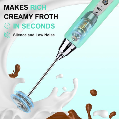 YUSWKO Baby Blue Handheld Milk Frother Wand, Rechargeable Electric Whisk with 3 Heads for Coffee, Latte, Hot Chocolate