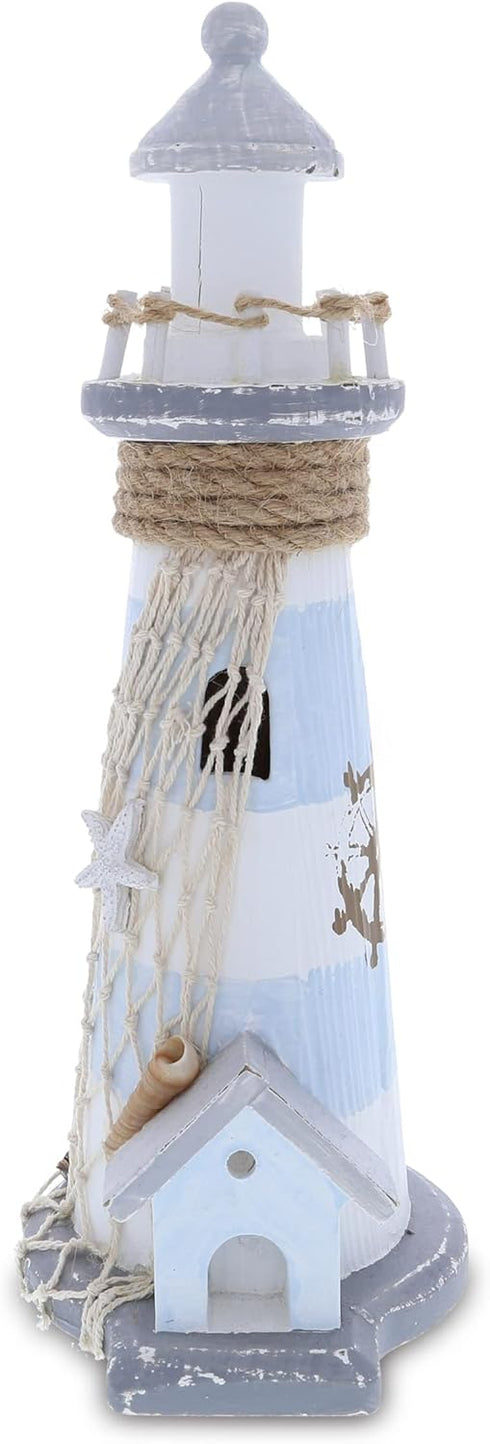 CoTa Global Moonlight Wooden Lighthouse Decor - Handcrafted Nautical Light House with Fish Net and Ocean Shells, 11.5
