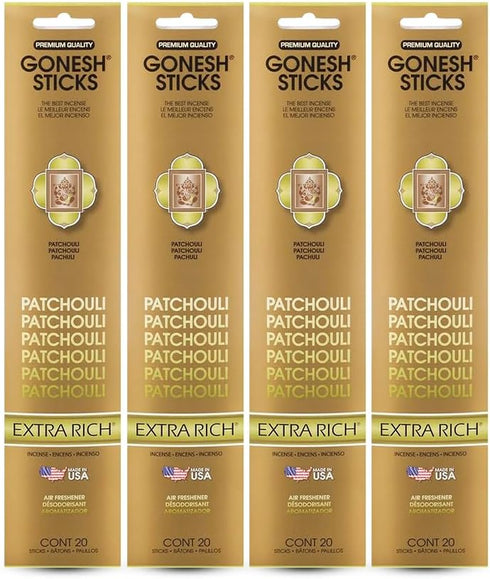 Gonesh Extra Rich Scented Incense Sticks, Non-Toxic 10” Slow Burn, Patchouli, 4 Packs of 20-80 Count