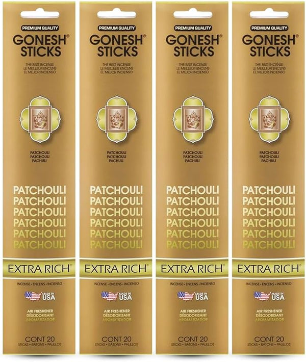Gonesh Extra Rich Scented Incense Sticks, Non-Toxic 10” Slow Burn, Patchouli, 4 Packs of 20-80 Count