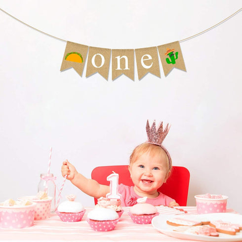 Rainlemon 1st ONE High Chair Banner Mexican Jute Burlap Cinco De Mayo Taco Cactus Baby Birthday party Fiesta Decoration