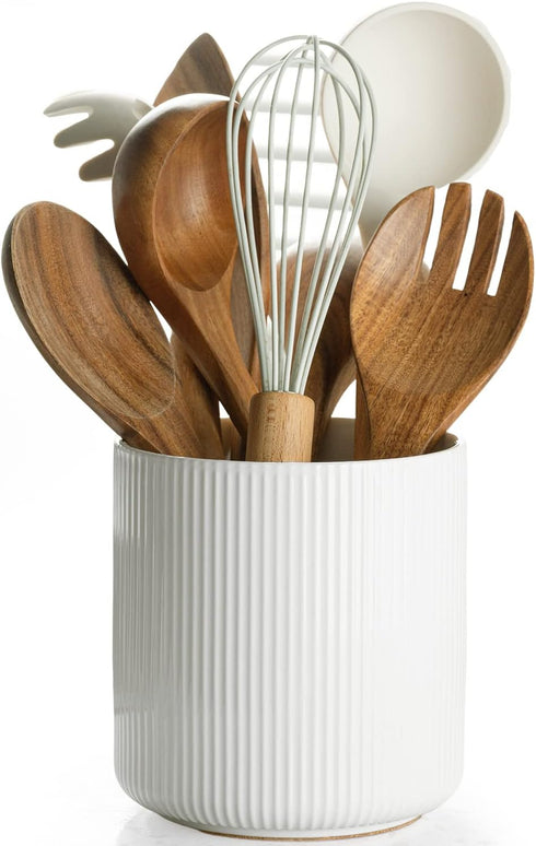 getstar Small Ceramic Kitchen Utensil Holder for Counter (H5.6” x W5.2”), White with Cork Mat