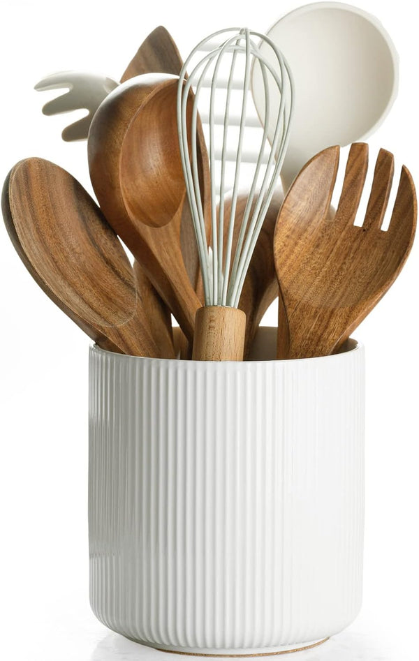 getstar Small Ceramic Kitchen Utensil Holder for Counter (H5.6” x W5.2”), White with Cork Mat