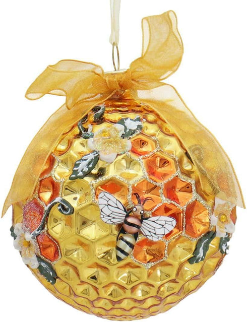 Kurt Adler Set of 2 Bumble Honeycomb Bee Hive Christmas Tree Ball Ornaments, Glass Décor