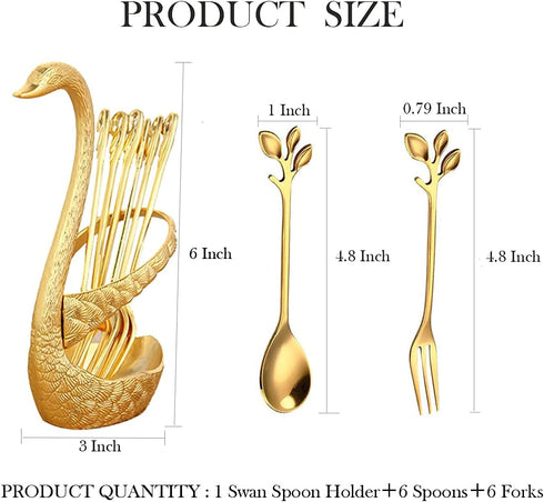 Gold Mini 13-Piece Swan Spoon Holder Set with Spoons and Forks for Coffee, Tea, and Dessert Table