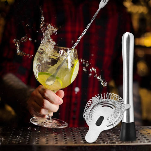 SENHAI Stainless Steel Cocktail Muddler, Spiral Mixing Spoon & 4-Prong Bar Strainer - Bartender's Tool Set