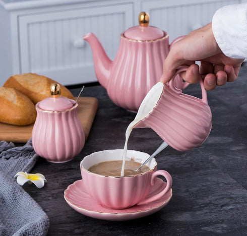 Set- Set, Jusalpha Porcelain Tea Pink Teapot and Creamer Sugar Bowl TW (Pink)