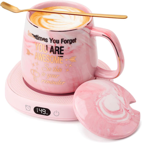 Coffee Mug Warmer & You are Awesome Mug Set, Electric Cup Warmer for Desk with 3 Temperature Settings, 8-Hours Auto