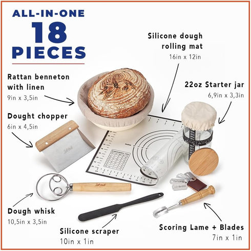 Lillinello 18PCS, 9in 22OZ, Set, Sourdough Starter Kit all-in-one Premium Sourdough Bread Baking Supplies, Banneton