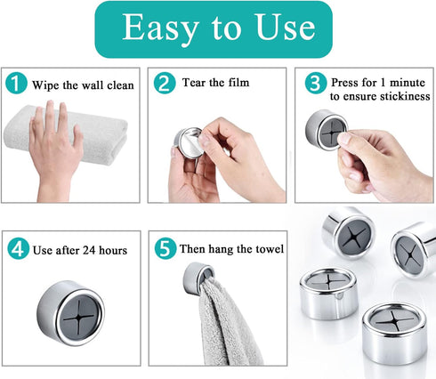 6pcs Push Hooks for Towel | Self-Adhesive Kitchen Towel Holder | Round Wall & Door Mounted Hooks for Bathroom Home