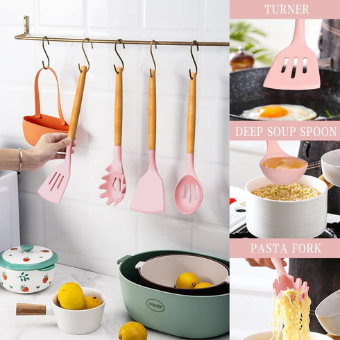 Kitchen Cooking Utensils Set, Umite Chef 33 pcs Non-stick Silicone Spatula Set with Holder, Wooden Handle, Pink