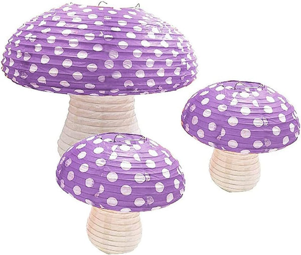 3Pcs Purple Large Mushroom Shaped Paper Lanterns for Forest Jungle Wonderland Themed Birthday Party Decor