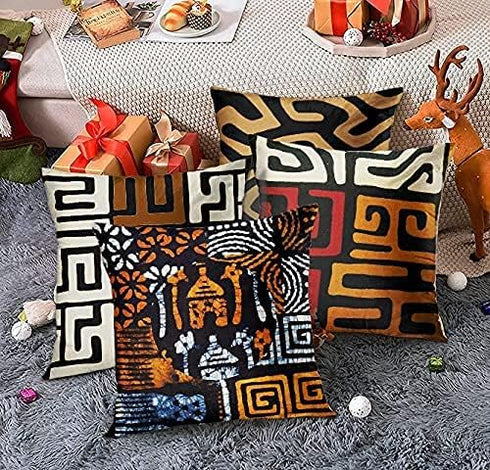ArtSocket Set of 4 Throw Pillow Covers - Orange Tribal Kuba Inspired, Earth Colors Geometric Ethnic 18x18 Inches