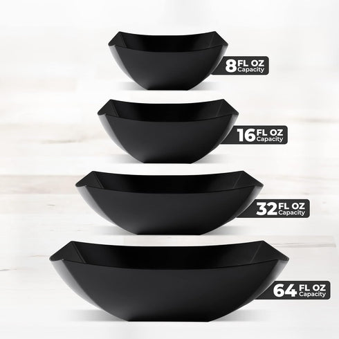 Posh Setting Square Plastic Serving Bowls, Large Heavy Duty Disposable Bowls for Salad, Snack, Buffet, 4 Pack (Black)