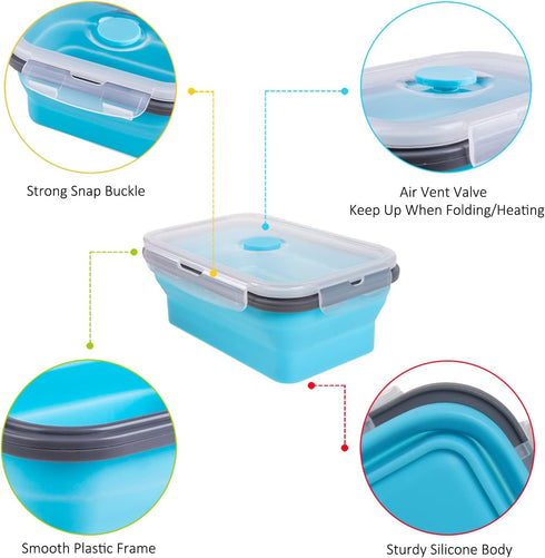 Set of 4 Collapsible Food Storage Containers with Airtight Lid, 27 oz, Kitchen Stacking Silicone Meal Prep Containers