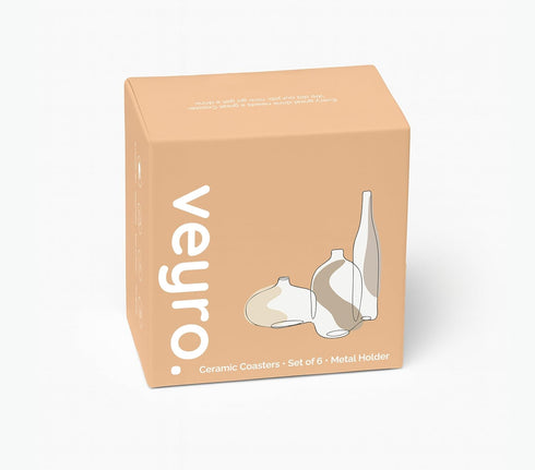 Veyro Set 6 Ceramic Coasters of Absorbent Stone Drink Coasters with Holder, Non-Slip Cork Backing, Modern Marble Look