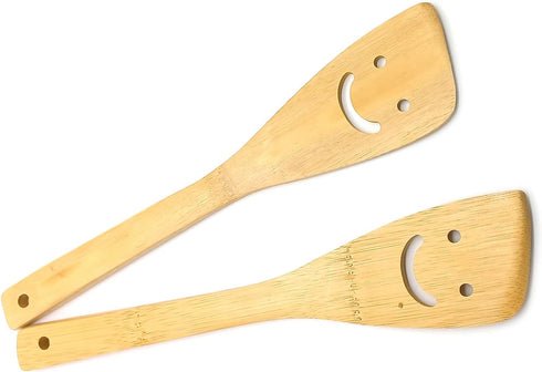 2-Piece 12-Inch Bamboo Smiley Face Wooden Spoons & Spatula, Kitchen Cooking Tools for Nonstick Cookware
