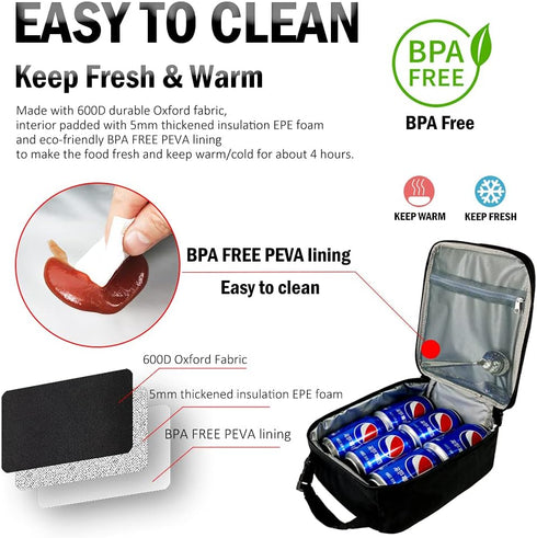 Black Lunch Box for Teens Boys Kids Men - Insulated Thermal Tote Cooler Bag for Girls Women, Portable and Reusable