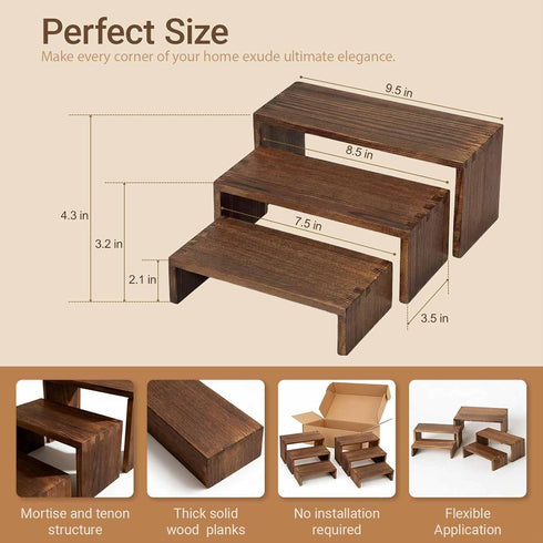 Jerbikas 3-Tier 2 Set, (9.5/8.5/7.5 Wood Display Riser Tiered Display Stand for Food, Kitchen, Desk & Party - Solid