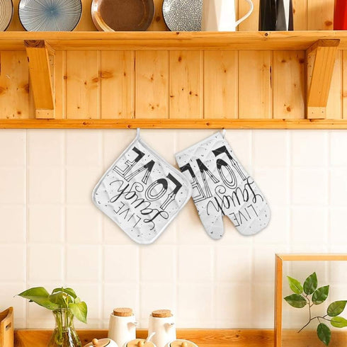 Set of Oven Mitt and Pot Holder, Live Laugh Love Quote, Heat Resistant Non-Slip Surface for Kitchen