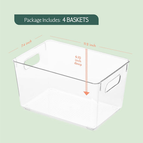 RUBOXA Shatterproof Clear Plastic Storage Bins, BPA-Free Freezer and Refrigerator Organizer Bins, 4 Pack