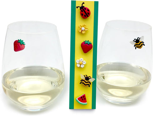 Magnetic Wine Glass Charms Set of 6 with Bee, Strawberry, and Flowers - Fun Drink Markers or Cocktail Identifiers