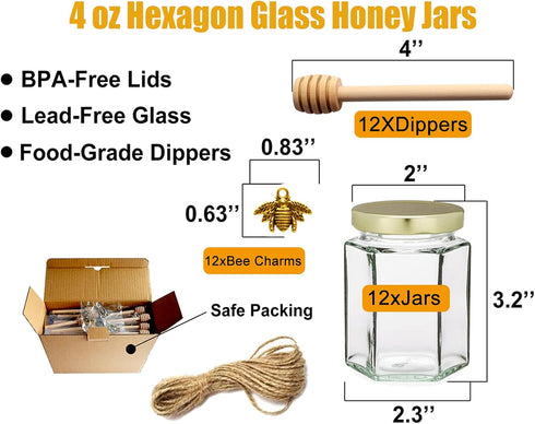 4oz 12 Pack Adabocute Hexagonal Honey Jars - Glass Honey Jars with Gold Lids, Wooden Dippers, Bee Charms and Jutes