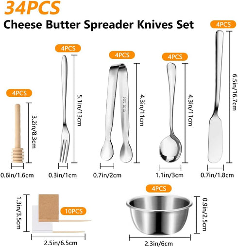34PCS Cheese Butter Spreader Knives Set, Charcuterie Board Accessories, Charcuterie Boards Gift Set Stainless Steel Knife, Fork, Spoon, Tongs, Bowl, Toothpick Flags Utensils for Pastry Making by Abnaok