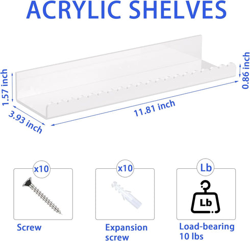 4 Pack 12 Inch 4 Pack) Acrylic Floating Shelves, Glossy White Scalloped Edge Wall Mounted Floating Shelves, Invisible