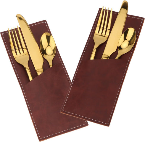 Leather Cutlery Sleeve Utensil Holders, 2 Pcs (Red brown/Wine red) for Knife and Fork Silverware, Mother's Day Decor