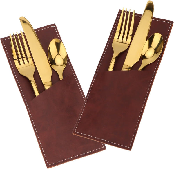 Leather Cutlery Sleeve Utensil Holders, 2 Pcs (Red brown/Wine red) for Knife and Fork Silverware, Mother's Day Decor