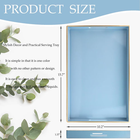 15.6" 10.2" Spsyrine Blue Decorative Serving Tray with Handles, Elegant Plastic Coffee Table Tray for Ottoman, Living