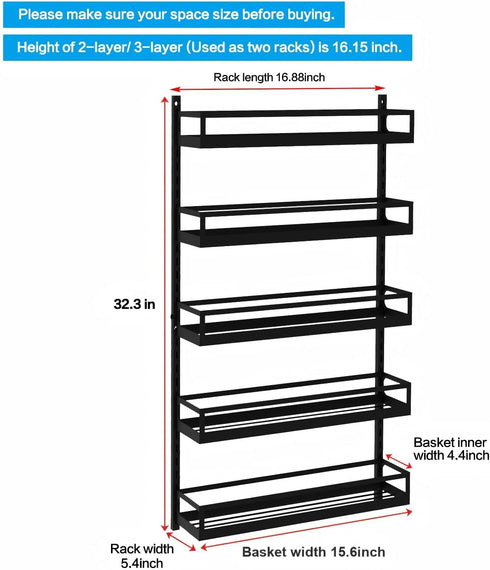 X-cosrack 5 Wall Mount Spice Rack Organizer Tier Height-Adjustable Hanging Spice Shelf Storage for Kitchen Pantry
