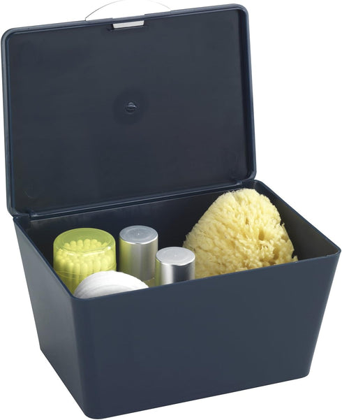 WENKO Decorative Storage Box with Lid for Bathroom Organization, Small Container for Storage (Dark Blue, 7.48 x 3.94 x